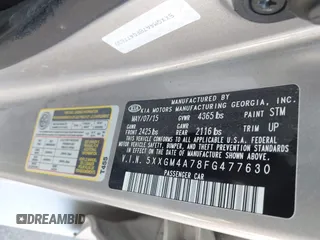 2015 Kia Optima LX with VIN 5XXGM4A78FG477630, listed as a IAAI auction lot 41771874 with 107,065 mi miles and . Bid and sale history available at DreamBid. Image 9.