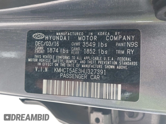 2017 Hyundai Accent SE with VIN KMHCT5AE3HU327391, listed as a IAAI auction lot 41953612 with 108,410 mi miles. Bid and sale history available at carsss.com. Image 9.