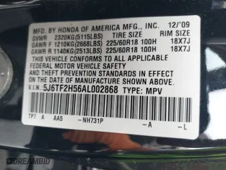 2010 Honda Accord Crosstour EX-L with VIN 5J6TF2H56AL002868, listed as a IAAI auction lot 41761072 with 136,888 mi miles. Bid and sale history available at carsss.com. Image 9.