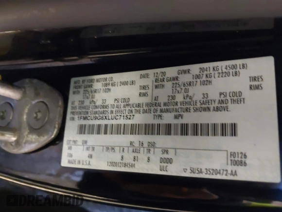 2020 Ford Escape SE with VIN 1FMCU9G6XLUC71527, listed as a IAAI auction lot 41420952 with 70,886 mi miles and . Bid and sale history available at DreamBid. Image 9.