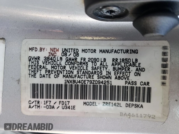 2009 Toyota Corolla with VIN 1NXBU40E79Z094251, listed as a Copart auction lot 88656045 with 0 mi miles and Salvage Title. Bid and sale history available at carsss.com. Image 12.