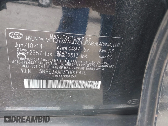 2015 Hyundai Sonata Limited with VIN 5NPE34AF3FH016440, listed as a IAAI auction lot 42057243 with 113,324 mi miles and . Bid and sale history available at carsss.com. Image 9.