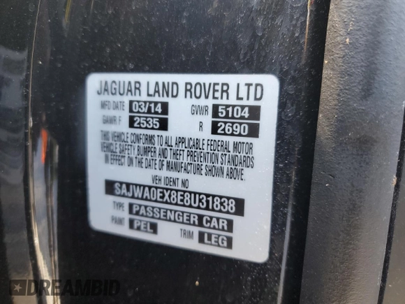 2014 Jaguar XF SC with VIN SAJWA0EX8E8U31838, listed as a Copart auction lot 48336615 with Not Provided miles and Clean Title. Bid and sale history available at DreamBid. Image 12.