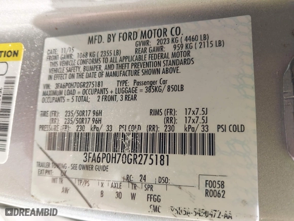 2016 Ford Fusion SE with VIN 3FA6P0H70GR275181, listed as a IAAI auction lot 42117448 with 111,446 mi miles. Bid and sale history available at carsss.com. Image 9.
