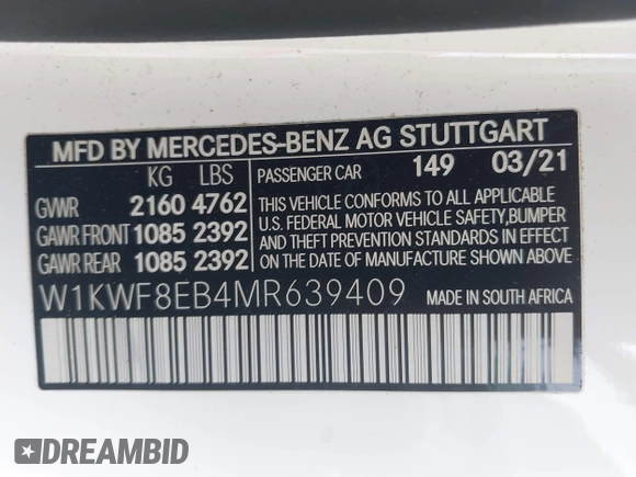 2021 Mercedes-Benz C 300 with VIN W1KWF8EB4MR639409, listed as a IAAI auction lot 42302916 with 50,055 mi miles and . Bid and sale history available at DreamBid. Image 9.