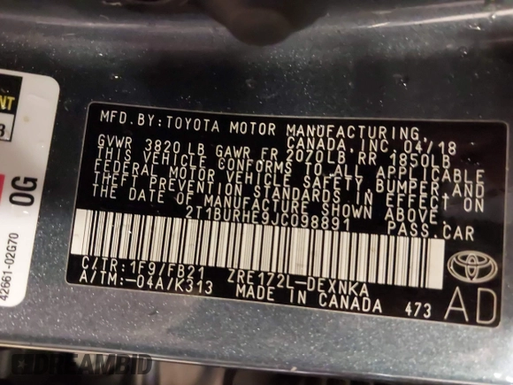 2018 Toyota Corolla L z VIN 2T1BURHE9JC098891, wystawiony jako IAAI lot #41656628 z przebiegiem 51 920 mil mil oraz . Historia ofert i sprzedaży dostępna na DreamBid. Obrazek 9.