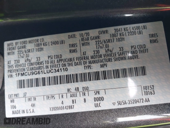 2020 Ford Escape SE with VIN 1FMCU9G61LUC34110, listed as a IAAI auction lot 41690067 with 46,471 mi miles. Bid and sale history available at carsss.com. Image 9.