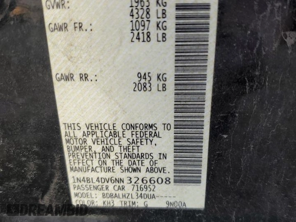 2022 Nissan Altima 2.5 SV with VIN 1N4BL4DV6NN326608, listed as a Copart auction lot 48561475 with 134,774 mi miles and Salvage Title. Bid and sale history available at carsss.com. Image 12.