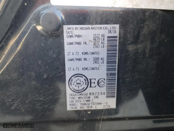 2016 Nissan Rogue SV with VIN 5N1AT2MV1GC897234, listed as a Copart auction lot 46265185 with 0 mi miles and Salvage Title. Bid and sale history available at carsss.com. Image 15.