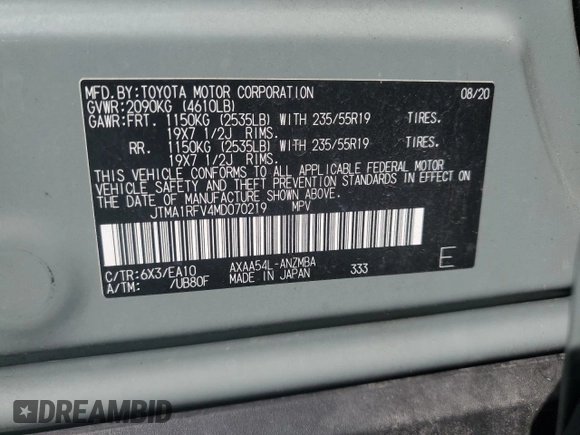 2021 Toyota RAV4 XLE Premium with VIN JTMA1RFV4MD070219, listed as a Copart auction lot 69473604 with 39,914 mi miles and Salvage title. Bid and sale history available at DreamBid. Image 13.