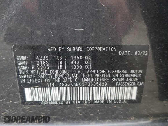 2023 Subaru Impreza with VIN 4S3GKAB65P3605429, listed as a Copart auction lot 63278595 with 27,766 mi miles and Salvage title. Bid and sale history available at DreamBid. Image 12.