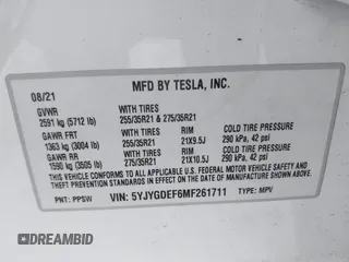 2021 Tesla Model Y Performance with VIN 5YJYGDEF6MF261711, listed as a IAAI auction lot 41176208 with 25,687 mi miles and . Bid and sale history available at DreamBid. Image 9.