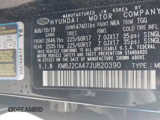 2018 Hyundai Tucson SE z VIN KM8J2CA47JU820390, wystawiony jako IAAI lot #42104349 z przebiegiem 11 725 mil mil oraz . Historia ofert i sprzedaży dostępna na DreamBid. Obrazek 9.