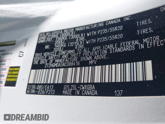 2022 Lexus RX 450h с VIN 2T2HGMDA5NC088416, выставлен на аукционе IAAI как лот 42587808 с пробегом 34 723 миль миль и . История ставок и продаж доступна на DreamBid. Изображение 9.