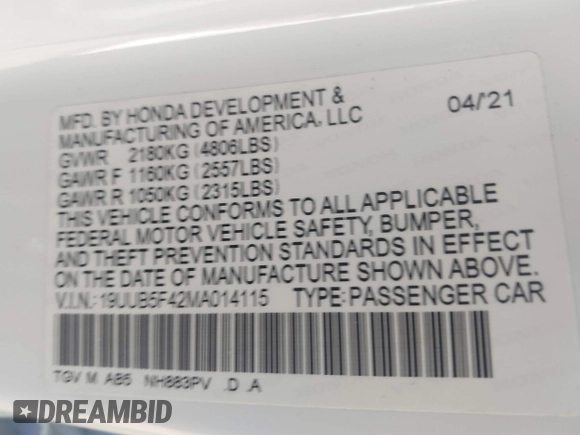 2021 Acura TLX Technology with VIN 19UUB5F42MA014115, listed as a IAAI auction lot 40860740 with Not provided miles and . Bid and sale history available at DreamBid. Image 9.