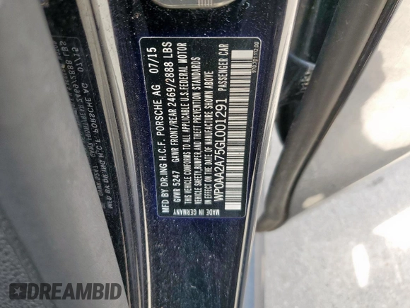 2016 Porsche Panamera 4 z VIN WP0AA2A75GL001291, wystawiony jako Copart lot #57095895 z przebiegiem Nie podano mil oraz Czysty tytuł • Clean title. Historia ofert i sprzedaży dostępna na DreamBid. Obrazek 12.