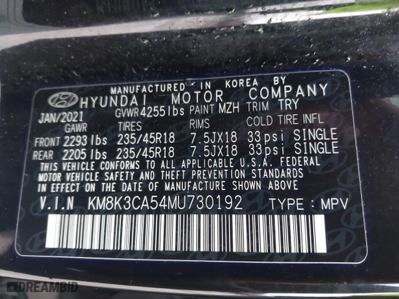 2021 Hyundai Kona Limited with VIN KM8K3CA54MU730192, listed as a IAAI auction lot 41102025 with 77,885 mi miles. Bid and sale history available at carsss.com. Image 9.