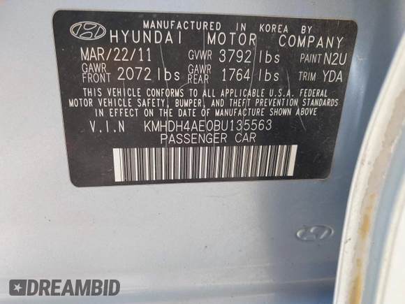 2011 Hyundai Elantra GLS z VIN KMHDH4AE0BU135563, wystawiony jako IAAI lot #42482810 z przebiegiem 158 110 mil mil oraz . Historia ofert i sprzedaży dostępna na DreamBid. Obrazek 9.