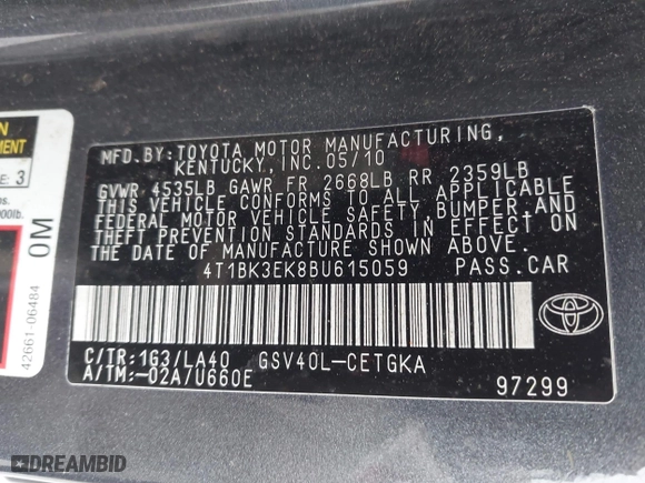2011 Toyota Camry LE with VIN 4T1BK3EK8BU615059, listed as a IAAI auction lot 42013266 with 205,865 mi miles. Bid and sale history available at carsss.com. Image 9.