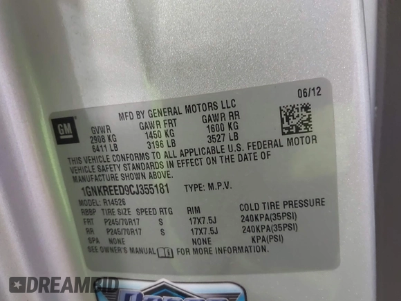 2012 Chevrolet Traverse LS z VIN 1GNKREED9CJ355181, wystawiony jako IAAI lot #42190745 z przebiegiem 94 177 mil mil oraz . Historia ofert i sprzedaży dostępna na DreamBid. Obrazek 9.