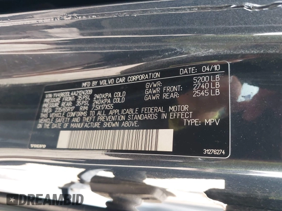 2010 Volvo XC60 3.2L with VIN YV4982DL4A2124209, listed as a IAAI auction lot 42644029 with 229,631 mi miles and . Bid and sale history available at DreamBid. Image 9.