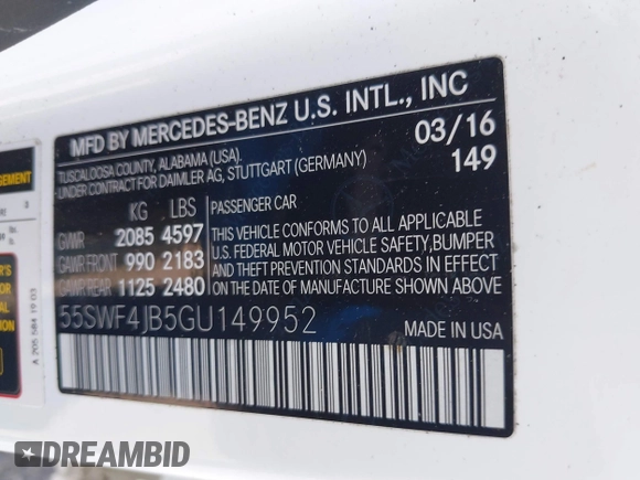 2016 Mercedes-Benz C 300 with VIN 55SWF4JB5GU149952, listed as a IAAI auction lot 42552980 with 65,274 mi miles and . Bid and sale history available at DreamBid. Image 9.