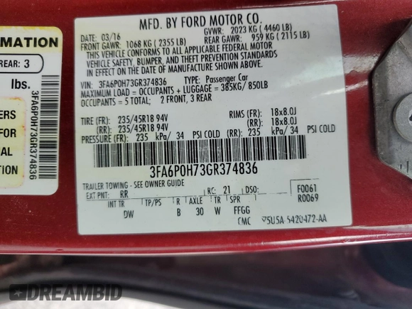 2016 Ford Fusion SE with VIN 3FA6P0H73GR374836, listed as a Copart auction lot 58315675 with Not provided miles and Salvage title. Bid and sale history available at DreamBid. Image 12.
