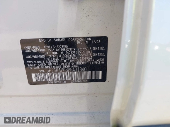 2023 Subaru Forester Limited с VIN JF2SKAPC8PH431840, выставлен на аукционе IAAI как лот 42308315 с пробегом 12 143 миль миль и . История ставок и продаж доступна на DreamBid. Изображение 9.