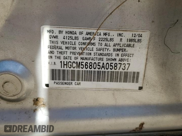 2005 Honda Accord EX-L z VIN 1HGCM56805A058737, wystawiony jako Copart lot #52668435 z przebiegiem 201 232 mil mil oraz Czysty tytuł • Clean title. Historia ofert i sprzedaży dostępna na DreamBid. Obrazek 12.