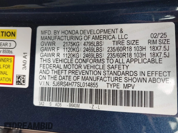 2025 Honda CR-V EX-L with VIN 5J6RS4H77SL014855, listed as a IAAI auction lot 41786061 with 861 mi miles and . Bid and sale history available at DreamBid. Image 9.