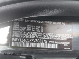 2015 BMW i3 with VIN WBY1Z4C5XFV503375, listed as a IAAI auction lot 42563459 with 38,933 mi miles and . Bid and sale history available at DreamBid. Image 9.