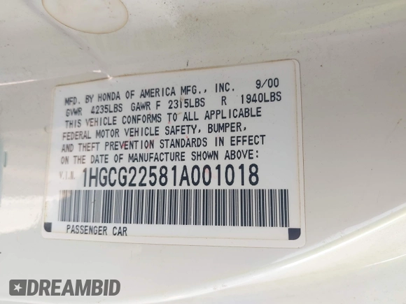 2001 Honda Accord EX с VIN 1HGCG22581A001018, выставлен на аукционе IAAI как лот 42104460 с пробегом 132 247 миль миль и . История ставок и продаж доступна на DreamBid. Изображение 9.