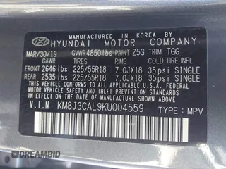 2019 Hyundai Tucson Ultimate with VIN KM8J3CAL9KU004559, listed as a IAAI auction lot 41142923 with 95,396 mi miles. Bid and sale history available at carsss.com. Image 9.