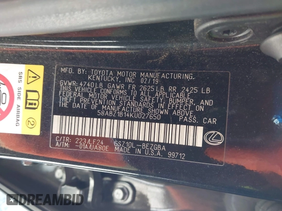 2019 Lexus ES 350 with VIN 58ABZ1B14KU027650, listed as a IAAI auction lot 42509780 with 96,281 mi miles and . Bid and sale history available at DreamBid. Image 9.