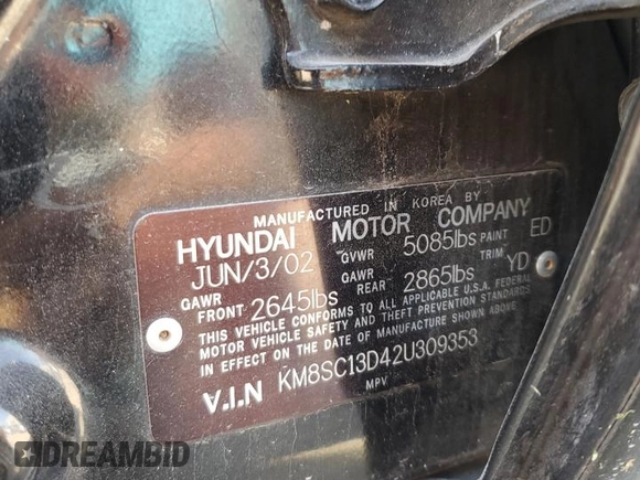 2002 Hyundai Santa Fe GLS with VIN KM8SC13D42U309353, listed as a Copart auction lot 75405014 with 137,249 mi miles and Salvage Title. Bid and sale history available at carsss.com. Image 13.
