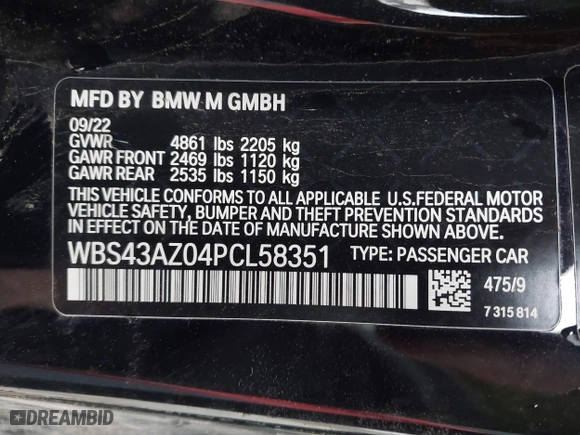 2023 BMW M4 Competition xDrive with VIN WBS43AZ04PCL58351, listed as a IAAI auction lot 41307049 with 33,207 mi miles. Bid and sale history available at carsss.com. Image 9.