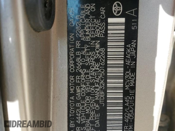 2005 Toyota Camry LE with VIN JTDBF32K750162268, listed as a Copart auction lot 53074715 with 230,037 mi miles and Salvage Title. Bid and sale history available at DreamBid. Image 13.