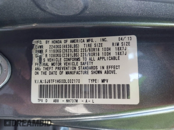 2013 Honda Crosstour EX-L z VIN 5J6TF1H50DL002170, wystawiony jako IAAI lot #42258669 z przebiegiem 156 910 mil mil oraz . Historia ofert i sprzedaży dostępna na DreamBid. Obrazek 9.