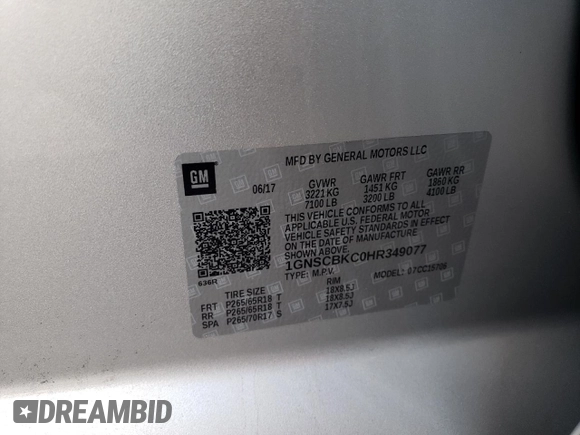 2017 Chevrolet Tahoe LT with VIN 1GNSCBKC0HR349077, listed as a Copart auction lot 63089615 with Not provided miles and Salvage title. Bid and sale history available at DreamBid. Image 13.