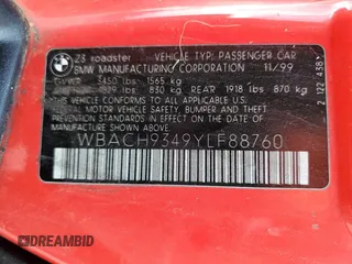 2000 BMW Z3 2.5L with VIN WBACH9349YLF88760, listed as a Copart auction lot 58447054 with 241,754 mi miles and Salvage Title. Bid and sale history available at carsss.com. Image 12.