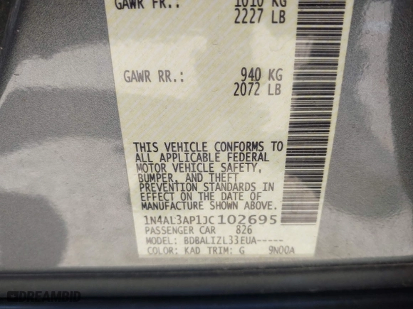 2018 Nissan Altima 2.5 SV with VIN 1N4AL3AP1JC102695, listed as a IAAI auction lot 40440992 with 58,063 mi miles. Bid and sale history available at carsss.com. Image 9.