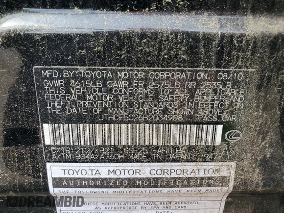 2011 Lexus IS 250 with VIN JTHCF5C26B2034908, listed as a Copart auction lot 59978275 with 139,211 mi miles and Clean title. Bid and sale history available at DreamBid. Image 12.