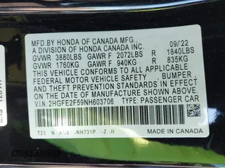 2022 Honda Civic Sport with VIN 2HGFE2F59NH603706, listed as a IAAI auction lot 41817763 with 82,285 mi miles. Bid and sale history available at carsss.com. Image 9.
