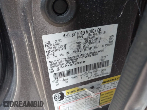2013 Ford Expedition Limited with VIN 1FMJU1K56DEF08288, listed as a IAAI auction lot 42775443 with 112,020 mi miles and . Bid and sale history available at DreamBid. Image 9.
