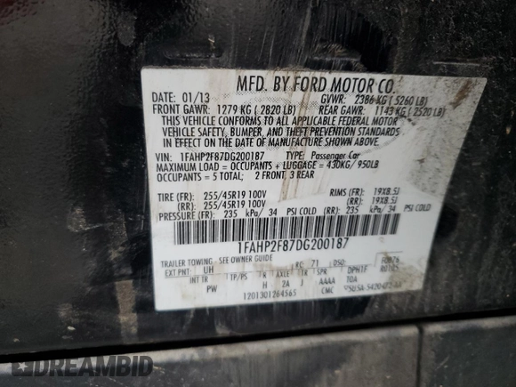 2013 Ford Taurus Limited с VIN 1FAHP2F87DG200187, выставлен на аукционе Copart как лот 81133024 с пробегом 169 768 миль миль и Чистый • Clean title. История ставок и продаж доступна на DreamBid. Изображение 14.