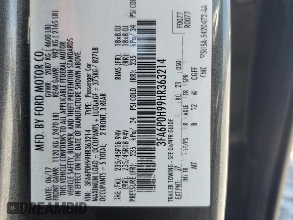 2017 Ford Fusion SE with VIN 3FA6P0H99HR363214, listed as a Copart auction lot 52408535 with 103,478 mi miles and Salvage Title. Bid and sale history available at DreamBid. Image 14.