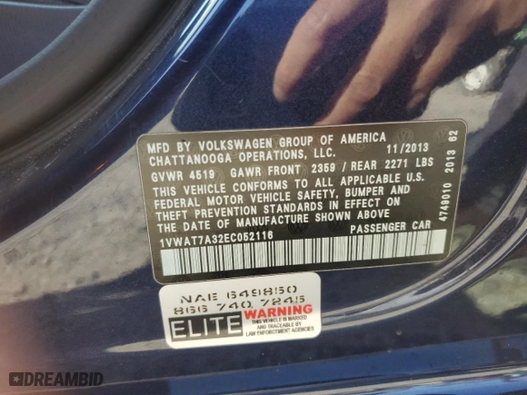 2014 Volkswagen Passat Wolfsburg Ed with VIN 1VWAT7A32EC052116, listed as a Copart auction lot 52789725 with 115,995 mi miles and Salvage Title. Bid and sale history available at carsss.com. Image 12.