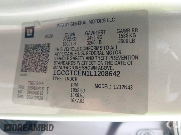 2020 Chevrolet Colorado 4WD LT with VIN 1GCGTCEN1L1208642, listed as a IAAI auction lot 42483550 with 53,344 mi miles and . Bid and sale history available at DreamBid. Image 9.
