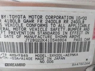 2001 Toyota Camry CE with VIN JT2BG22K410548804, listed as a IAAI auction lot 41820737 with 271,855 mi miles and . Bid and sale history available at DreamBid. Image 9.
