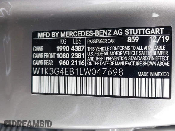 2020 Mercedes-Benz A 220 with VIN W1K3G4EB1LW047698, listed as a IAAI auction lot 41522714 with 37,249 mi miles and . Bid and sale history available at DreamBid. Image 9.